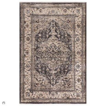 Sovereign Traditional Persian Vintage Distressed Shimmer Medallion Border Soft-Touch Ribbed Textured Polyester Low Profile Short Pile Fringe Charcoal Grey/Silver Rug-Asiatic Carpets-Rug Love - The Most Loved Rug Store